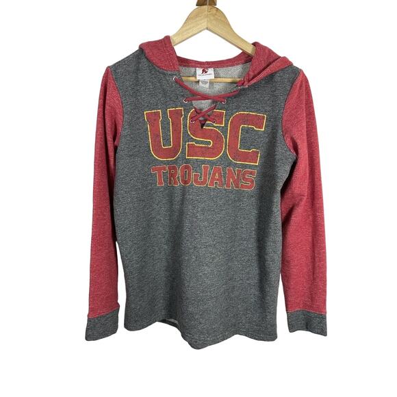 USC Hoodie Sweatshirt Womens Medium Gray Red Front Tie Trojans GUC - Picture 1 of 14